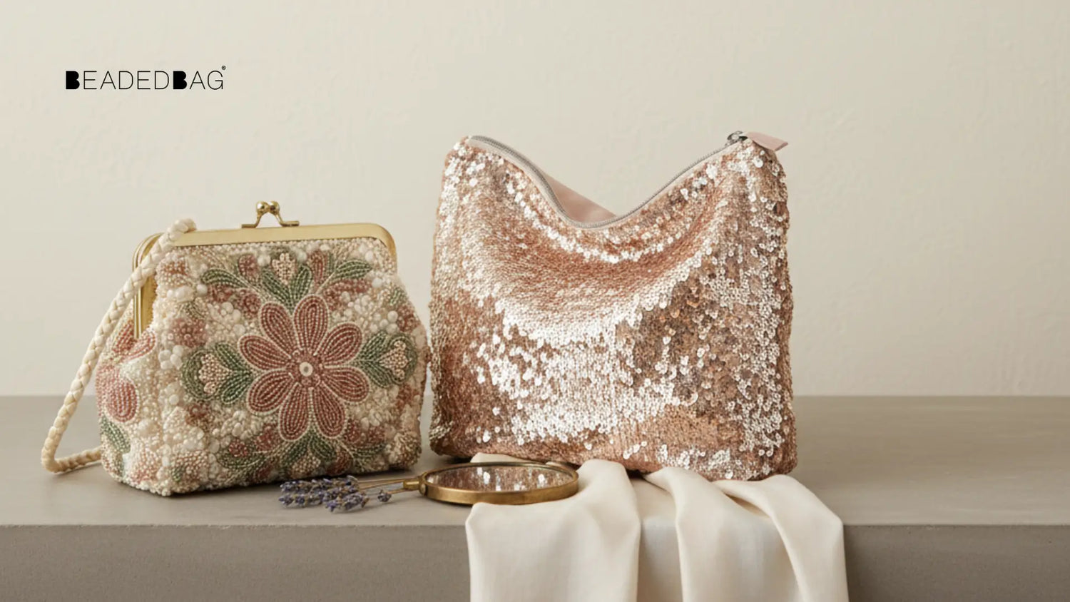 Beaded and sequined bags side by side under soft light, highlighting texture, craft, and elegance.