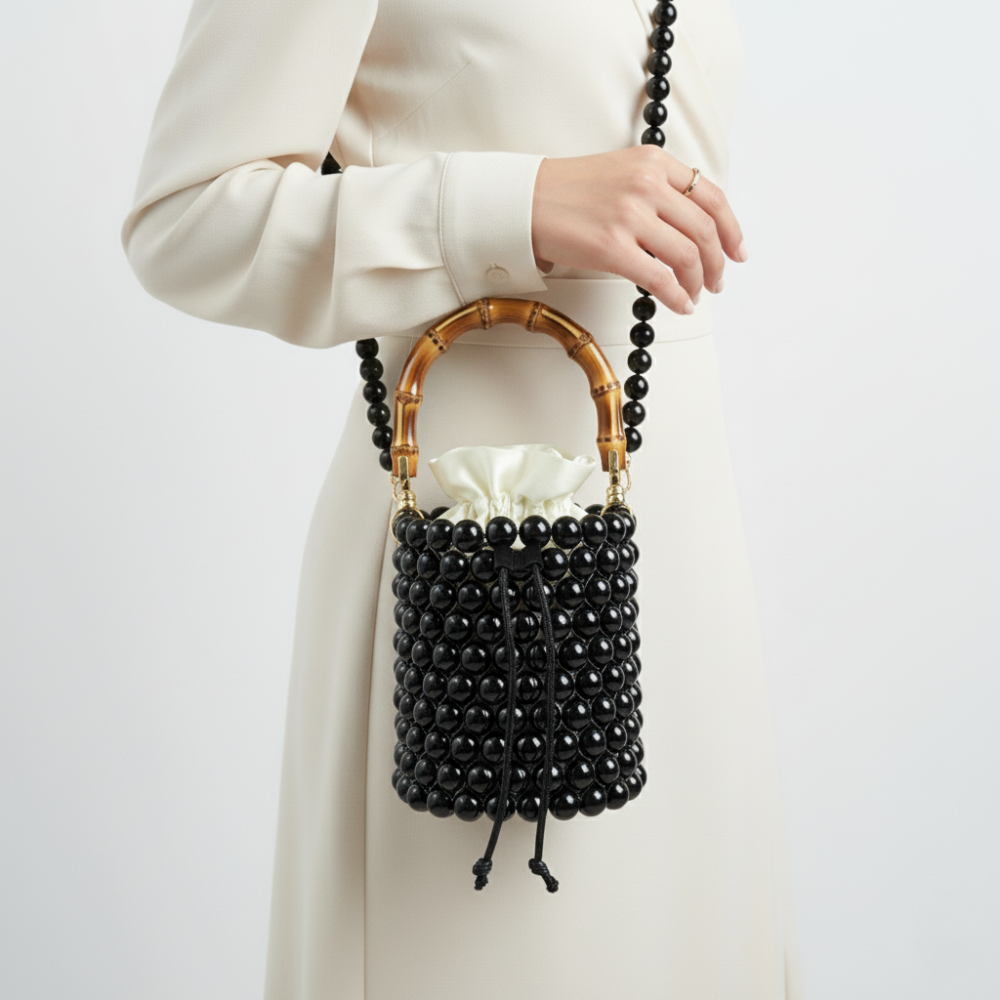 Beaded Bucket Bag collection black bamboo bucket bag