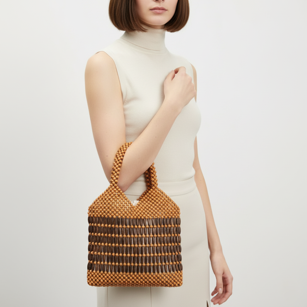 Wood Beaded Bag collection brown top-handle bag