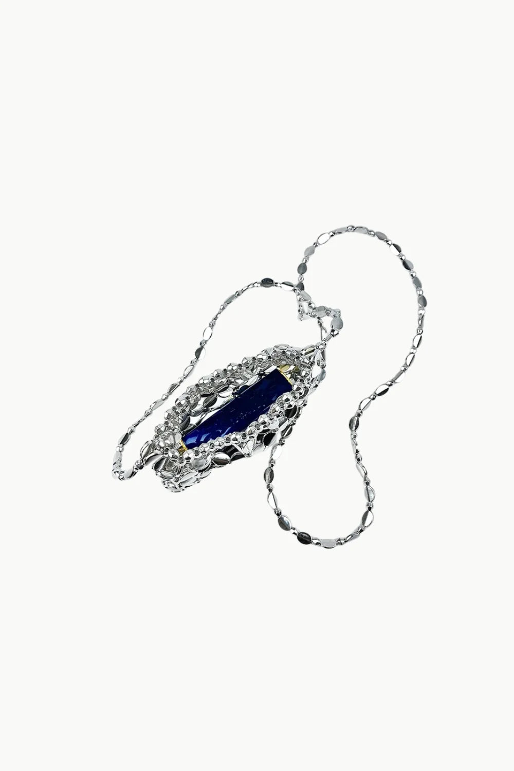 Silver necklace with dark blue gemstone pendant and clear stones for Accessorize Beaded Bag