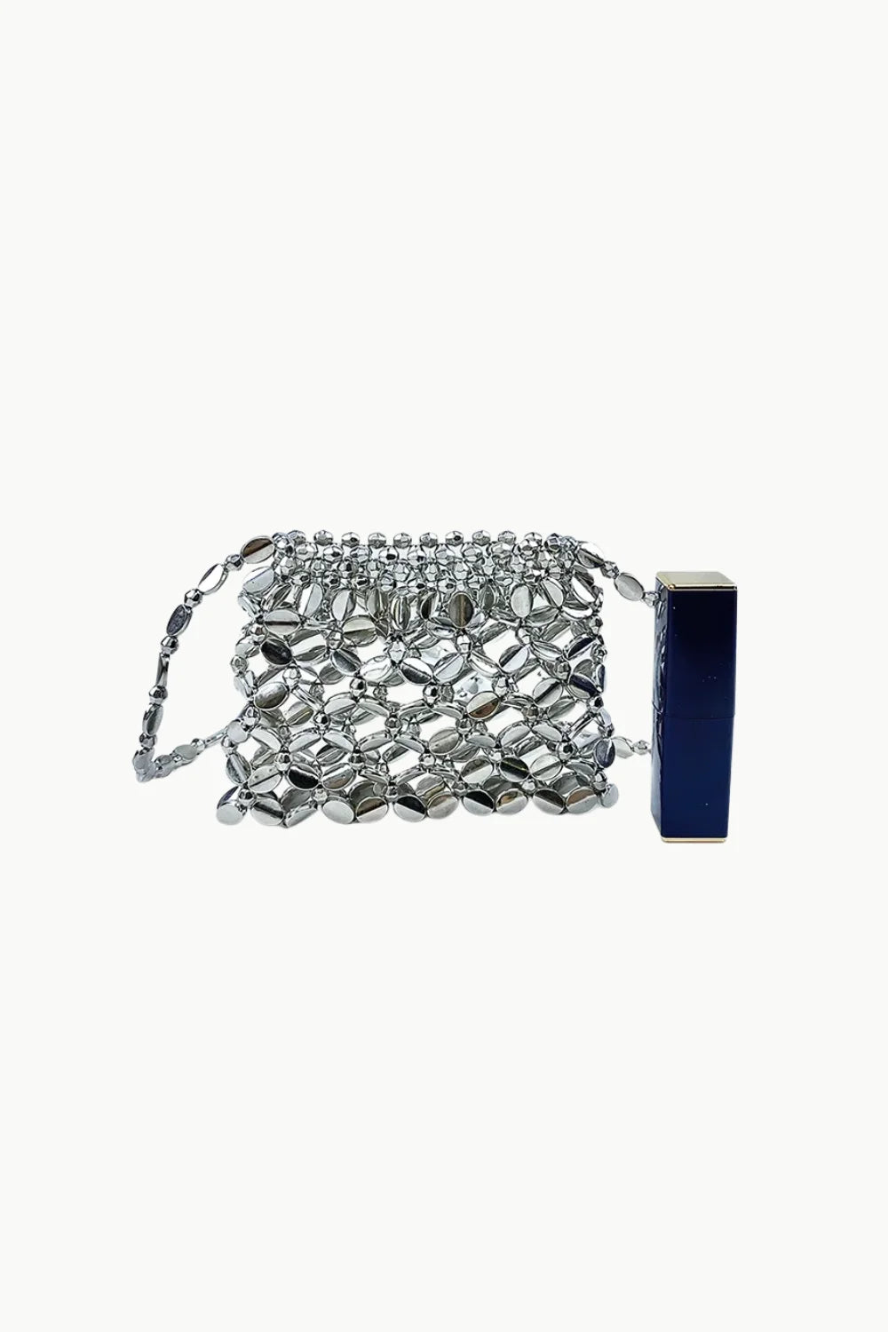 Silver sequin shoulder bag with dark blue lipstick for accessorize beaded bag style