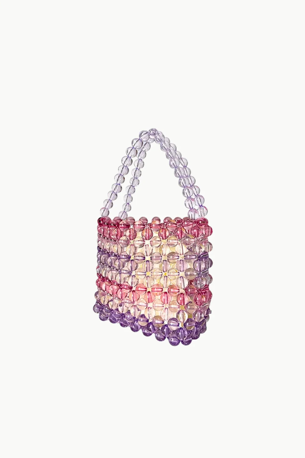 Colorful gradient beaded bucket bag with clear beaded top handles for stylish accessories