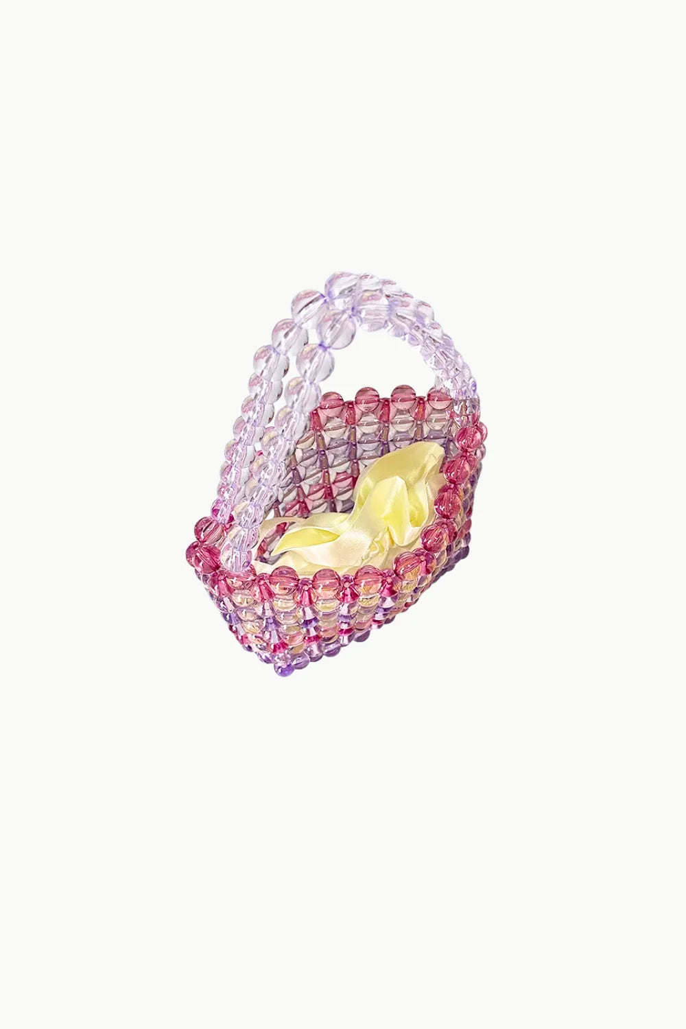 Handcrafted pink and clear beaded bucket bag with yellow lining, stylish beaded bucket