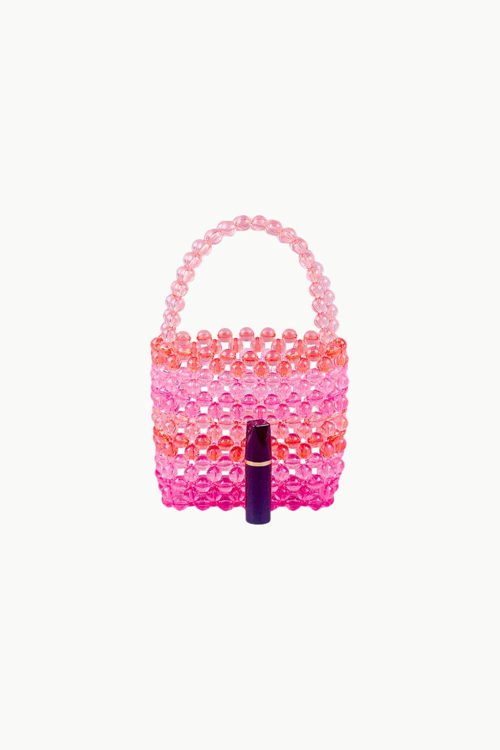 Pink ombre beaded bucket bag with top handle and dark lipstick inside