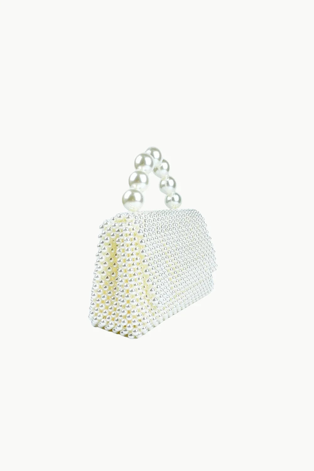 White pearl beaded clutch bag with pearl top handle made from polyester main material