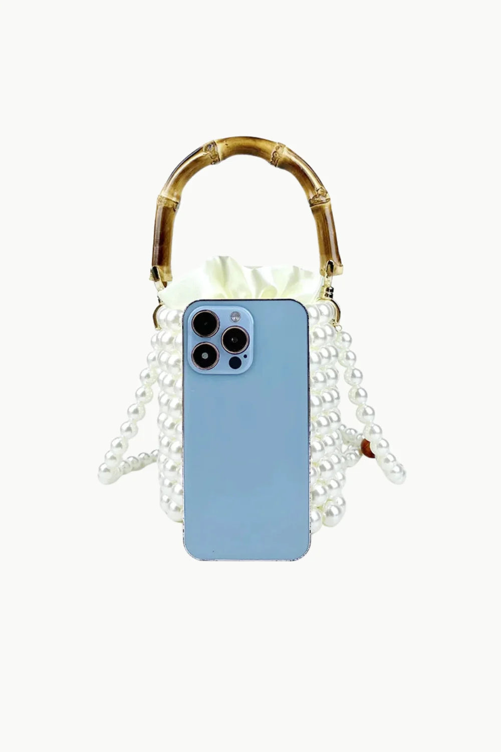 Pearl bucket bag with bamboo top handle, stylish bamboo pearl bucket accessory