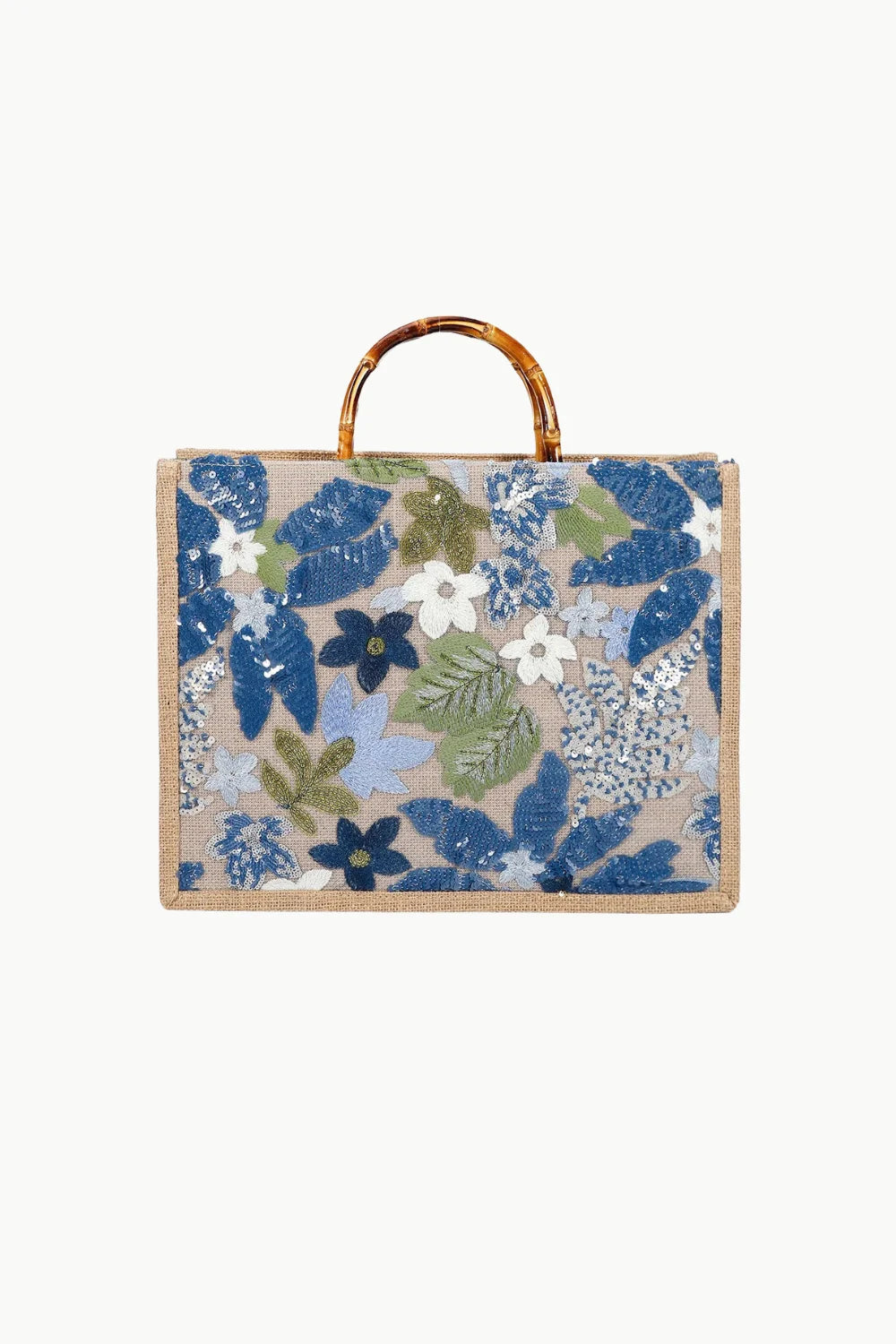 Beige canvas tote bag with bamboo handles and floral embroidery, wood beaded bag style