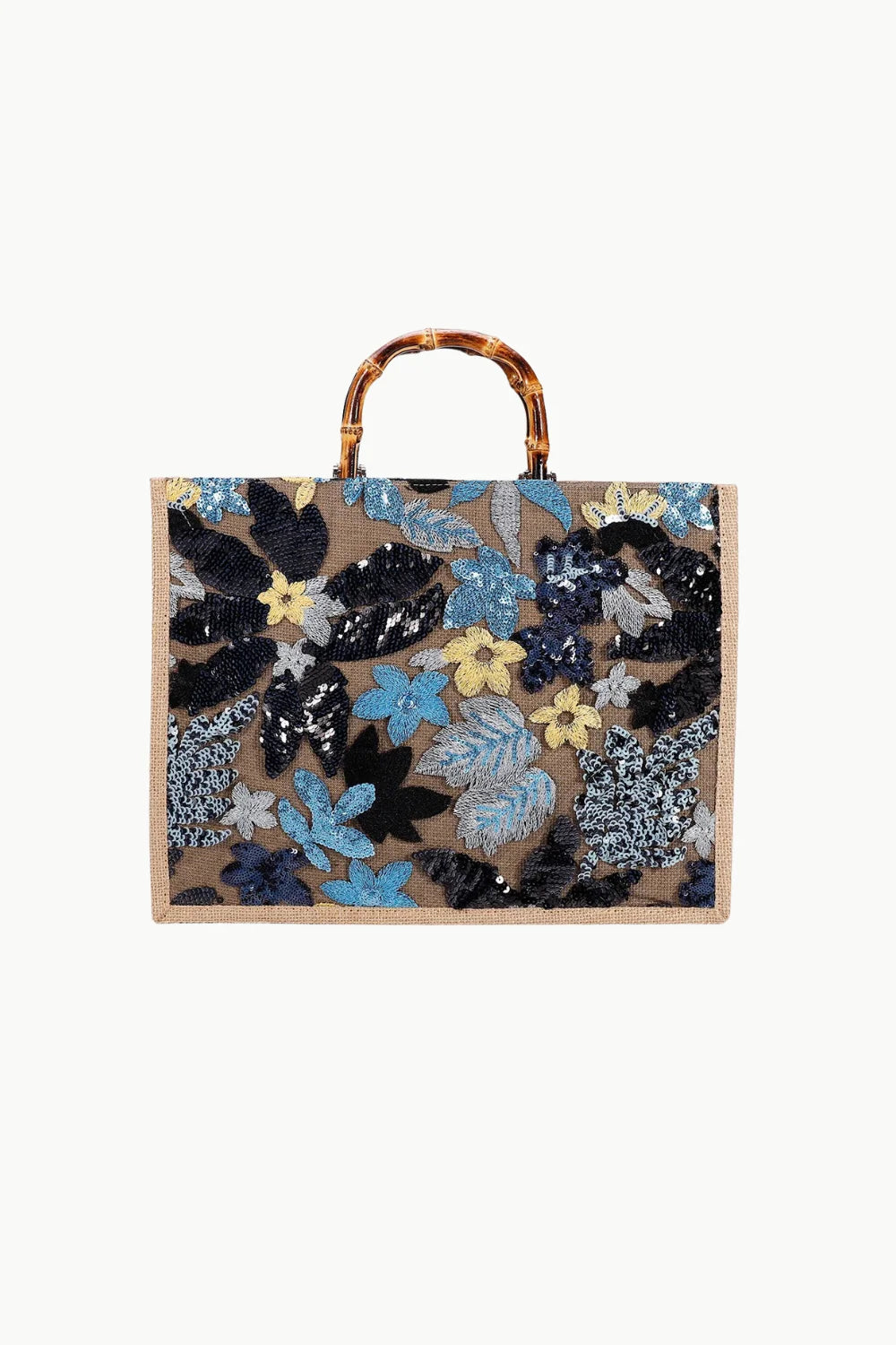 Beige tote bag with bamboo handles and floral wood beaded embellishments for stylish beaded bag fashion