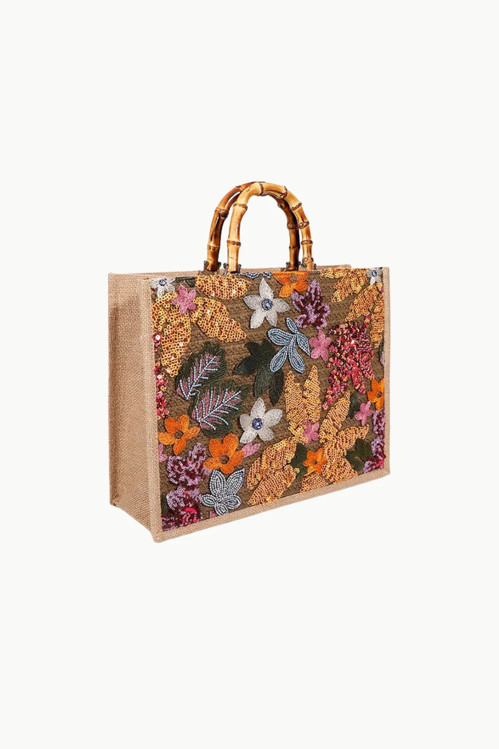 Embellished jute tote bag with bamboo handles and wood beaded accents, stylish beaded bag