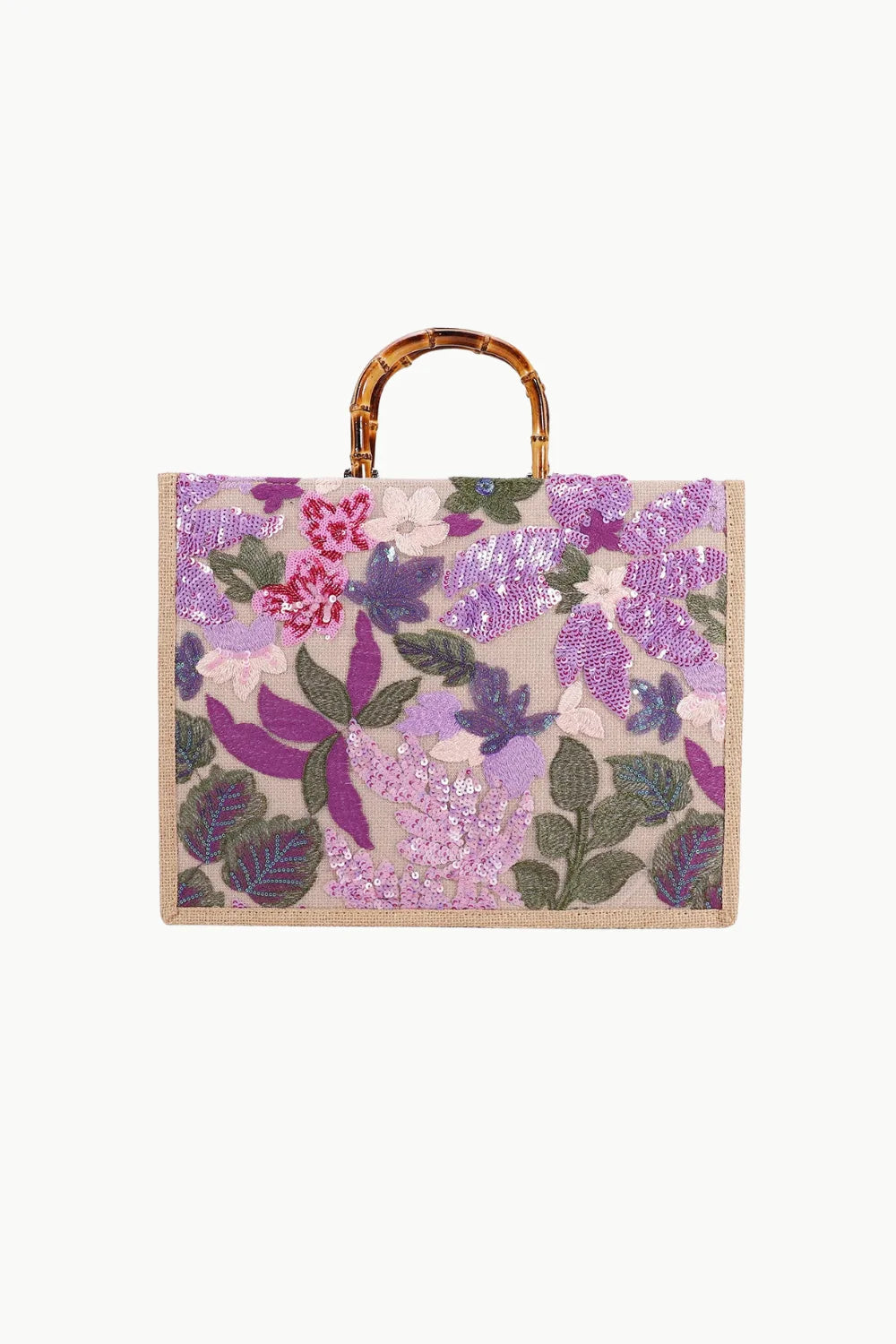Embroidered floral tote bag with bamboo handles, stylish wood beaded bag accessory