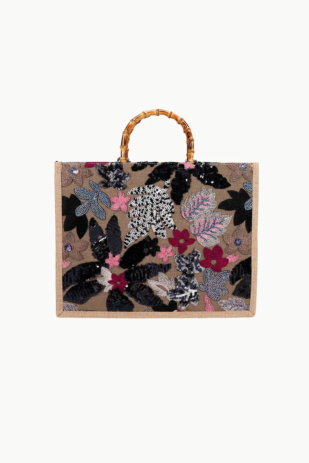 Embroidered tote bag with bamboo handles, part of the Bamboo Wood Beaded Bag collection