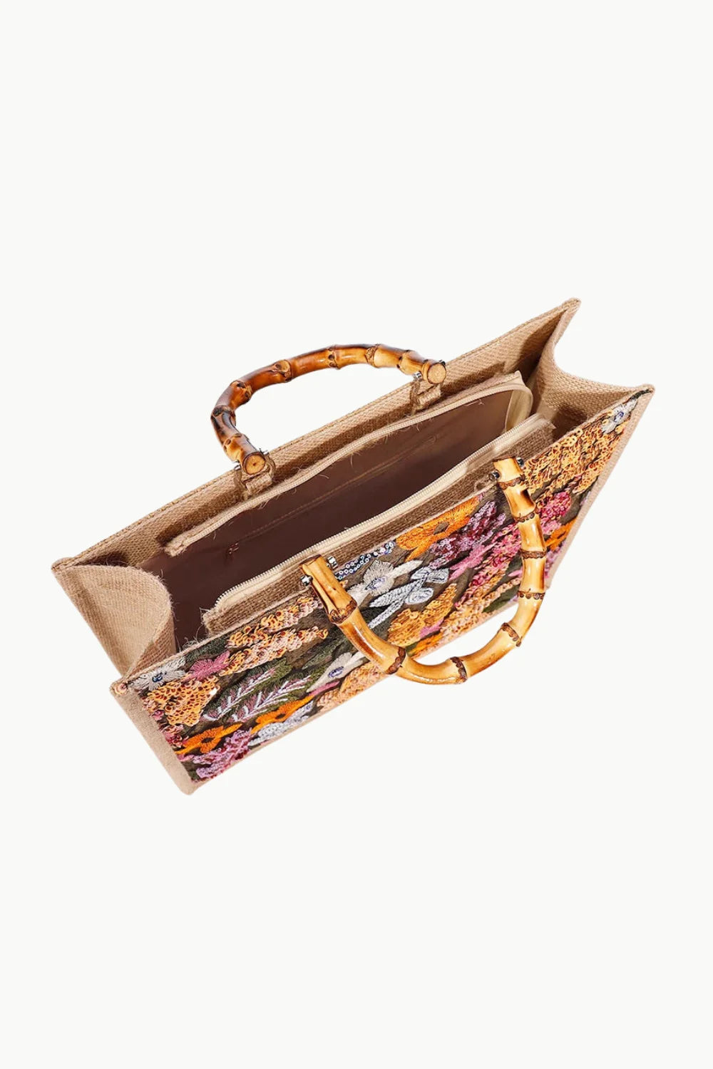 Wood beaded tote bag with abstract floral pattern and bamboo handles
