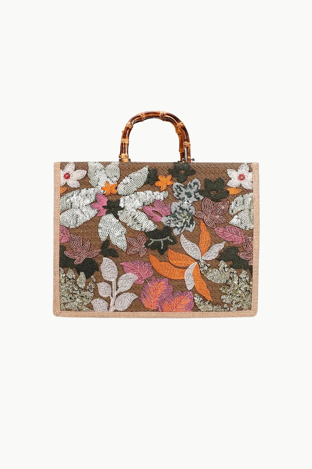 Wood beaded tote bag with bamboo handles and colorful floral embroidery