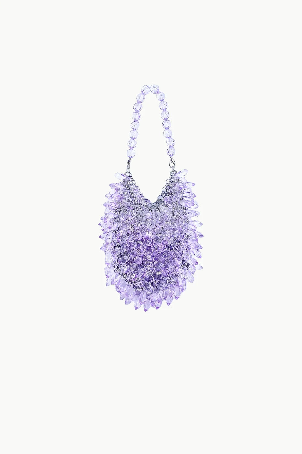 Purple beaded shoulder bag with silver chain strap, stylish bead crystal bag accessory