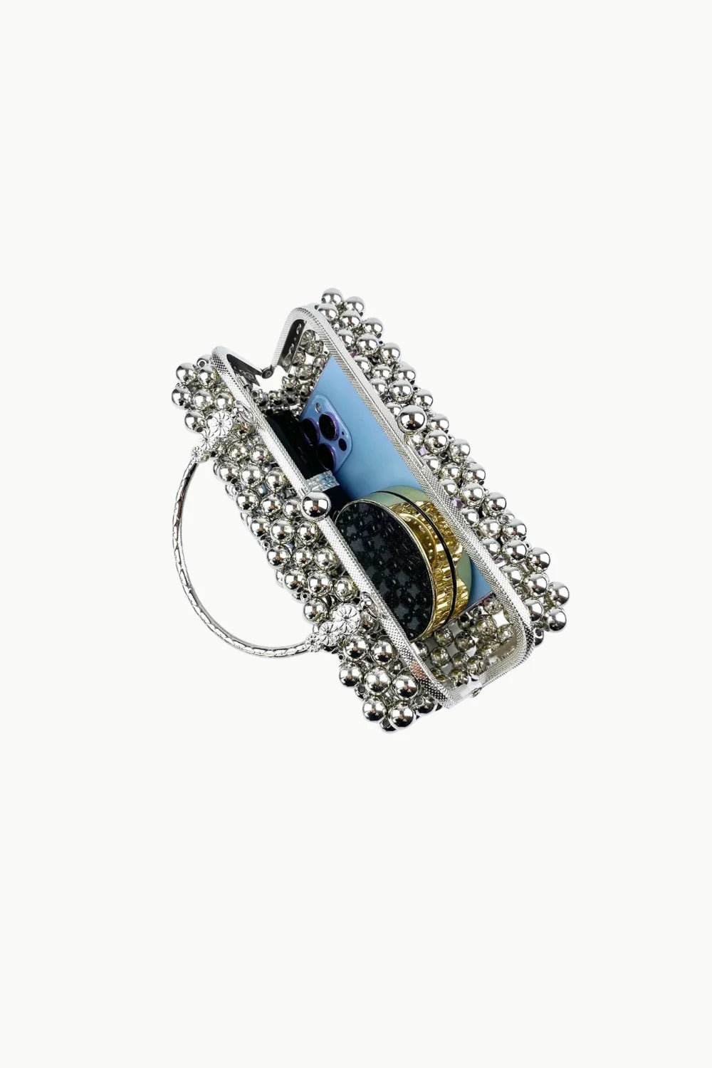 Silver beaded bridal clutch with ring handle, perfect for a beaded bridal occasion