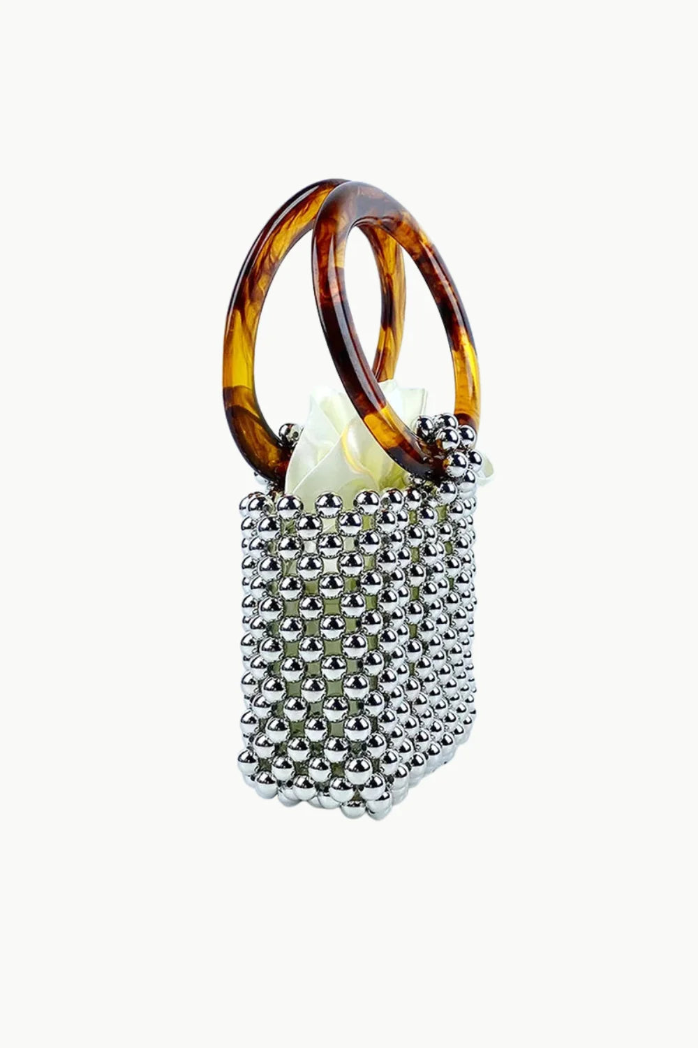 Beaded Bucket Bag Vintage with silver beaded rectangular design and tortoise-shell handles