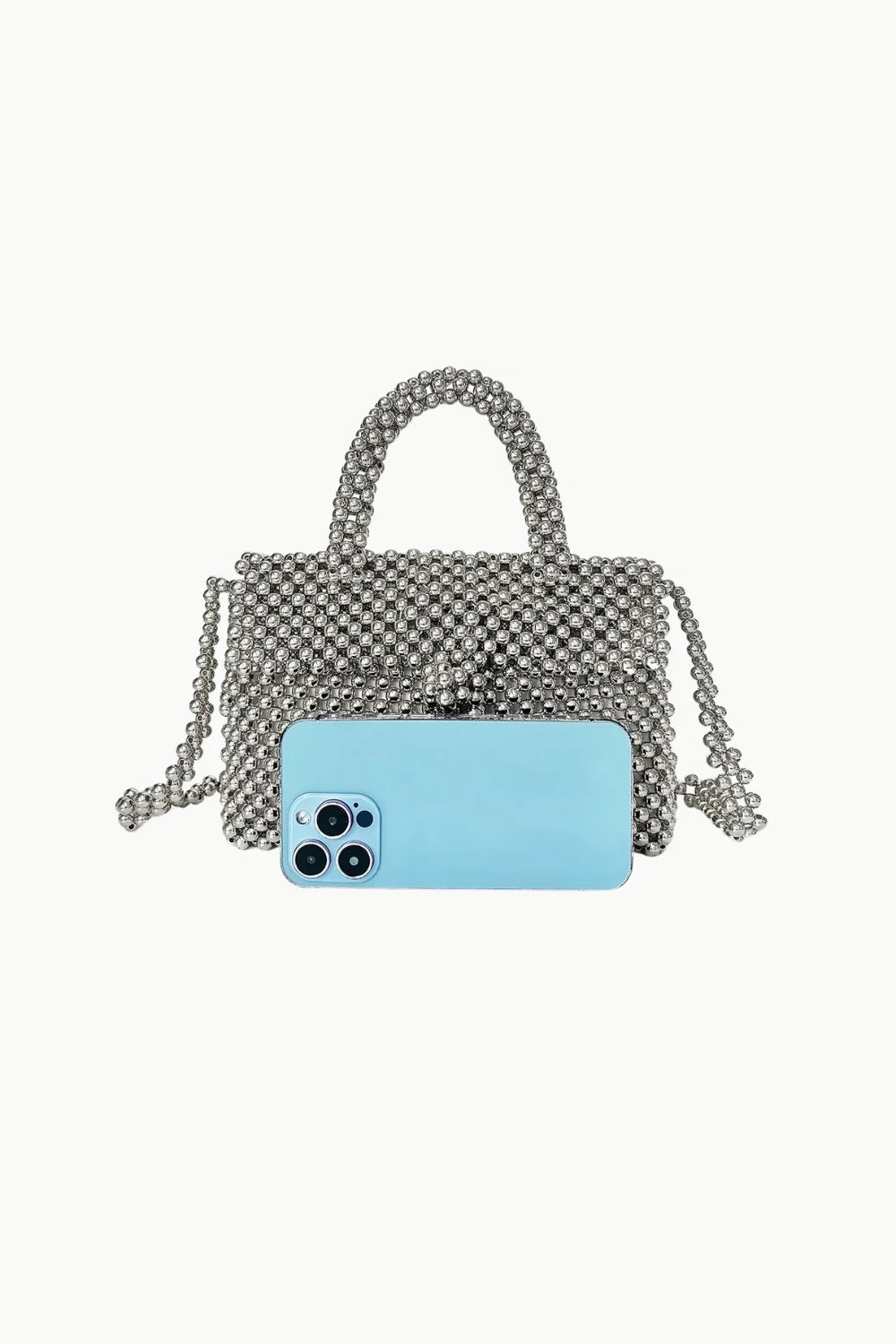Shimmering silver beaded clutch handbag with top handle and shoulder strap