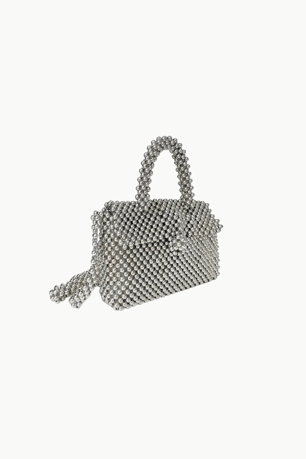 Silver beaded clutch handbag with top handle and shoulder strap for elegant style