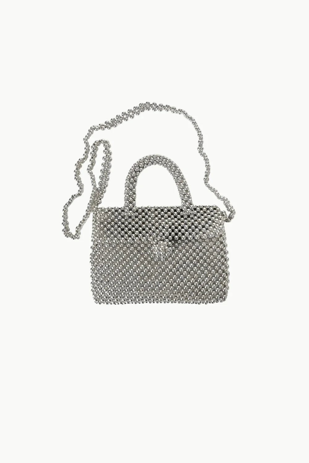 Silver beaded clutch handbag with top handle and shoulder strap for elegant style