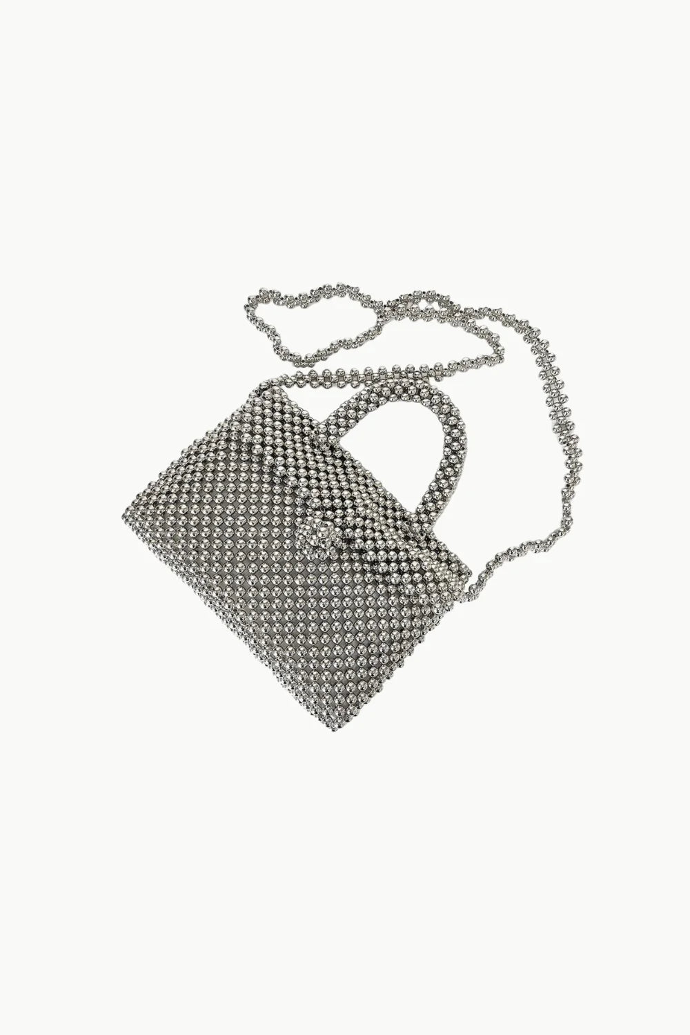 Silver beaded clutch handbag with top-handle and long chain strap for elegant style