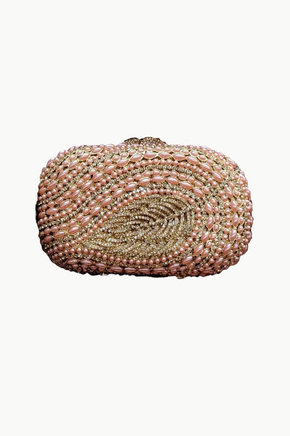 Peach-colored beaded clutch purse with pearls and gold beads in a swirled pattern