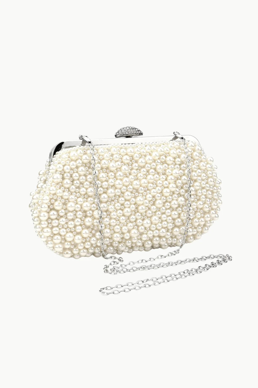 Elegant beaded clutch white with pearl embellishments, crystal clasp, and detachable chain
