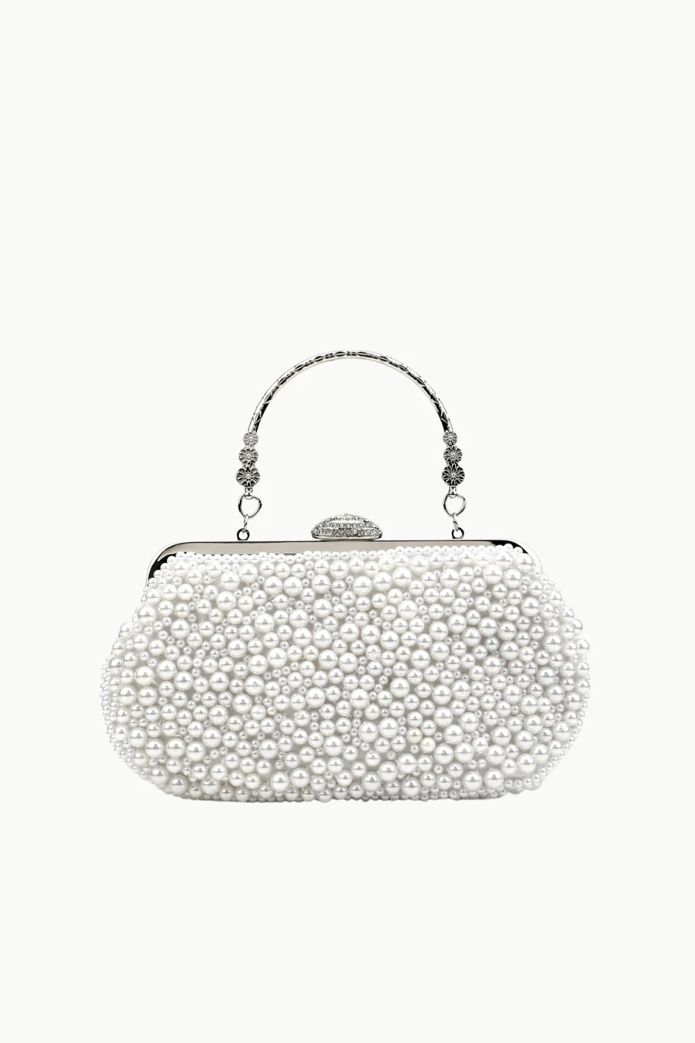 White pearl-embellished beaded clutch with decorative silver handle for elegant occasions
