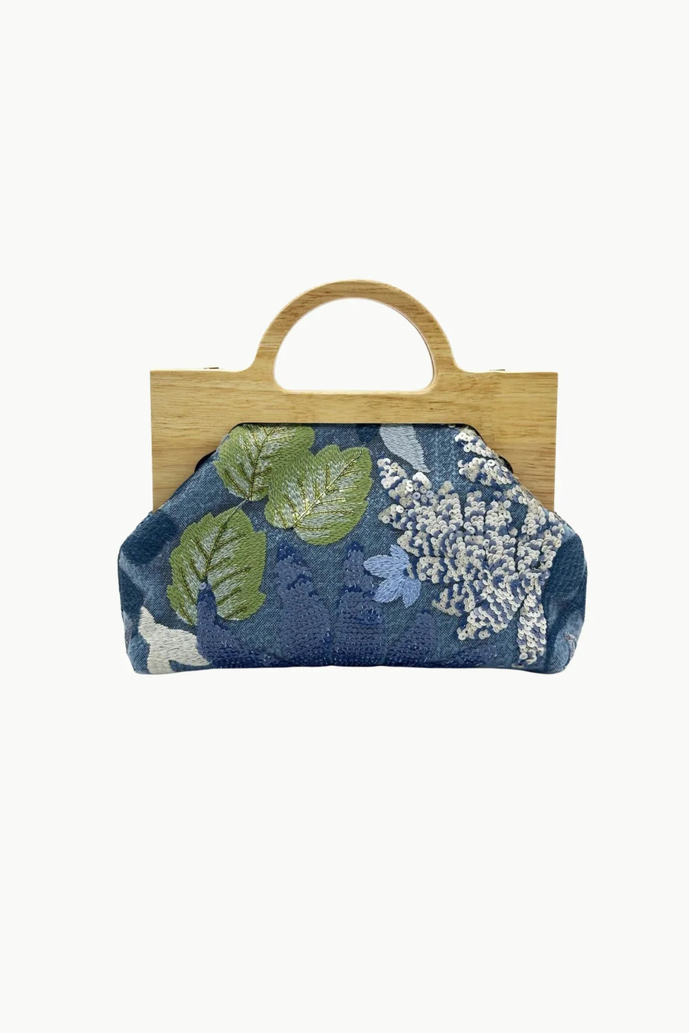Blue floral embroidered beaded crossbody bag with wooden handles for stylish accessorizing