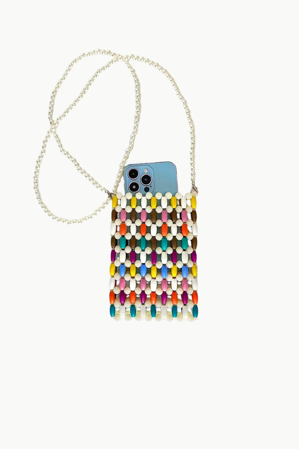 Colorful beaded crossbody phone bag with pearl chain strap for stylish accessories
