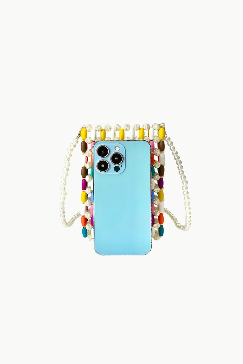 Light blue smartphone in colorful beaded crossbody phone bag with pearl strap