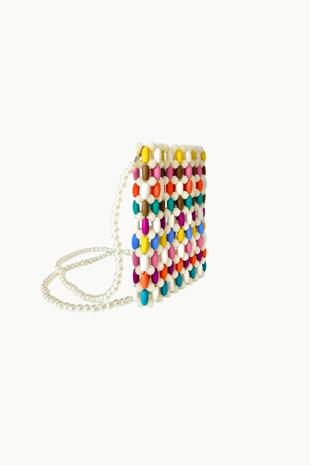 Vibrant multi-colored beaded crossbody phone bag with pearl strap for stylish accessory