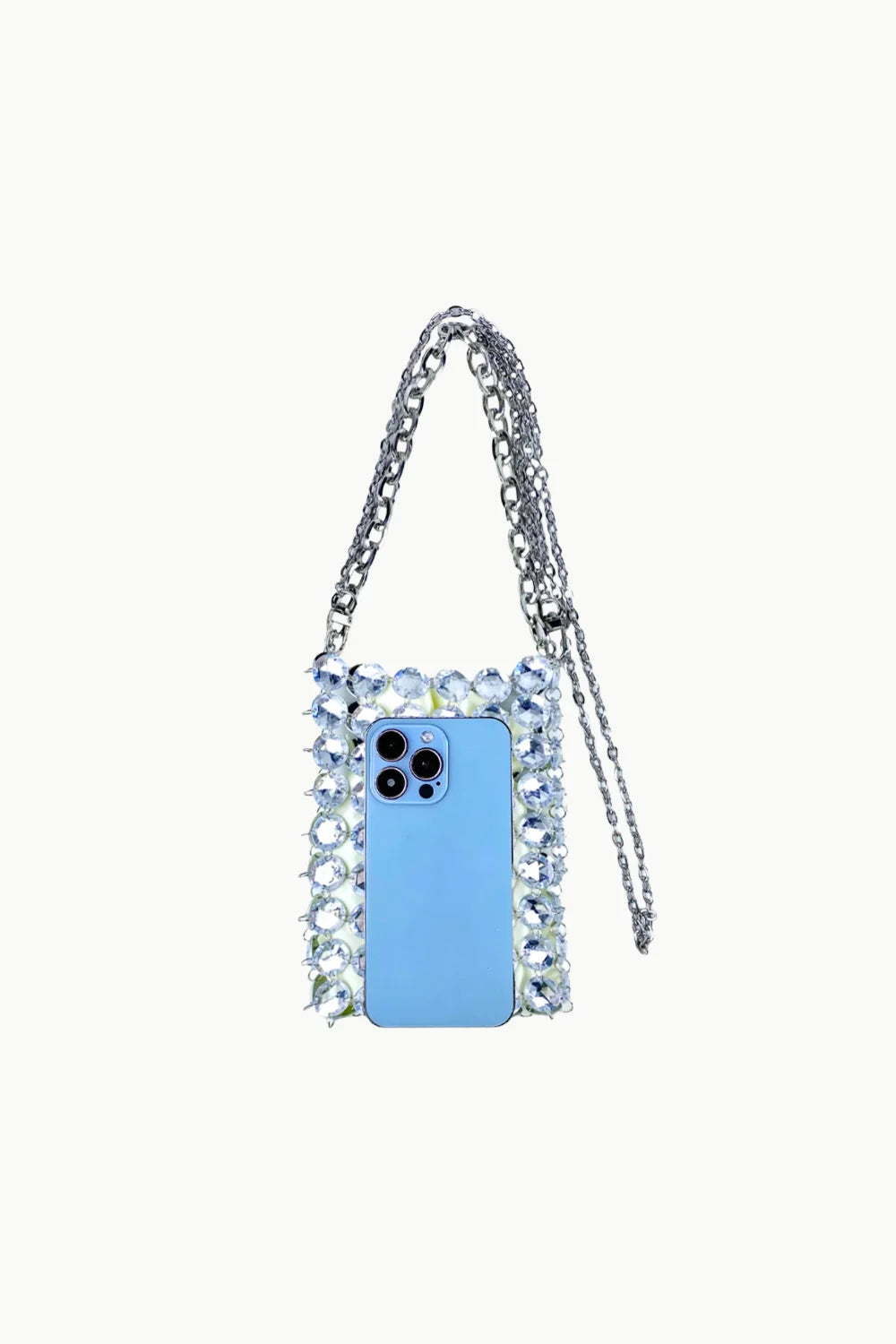 Light blue smartphone in a beaded crystal bag with rhinestone-covered chain strap holder