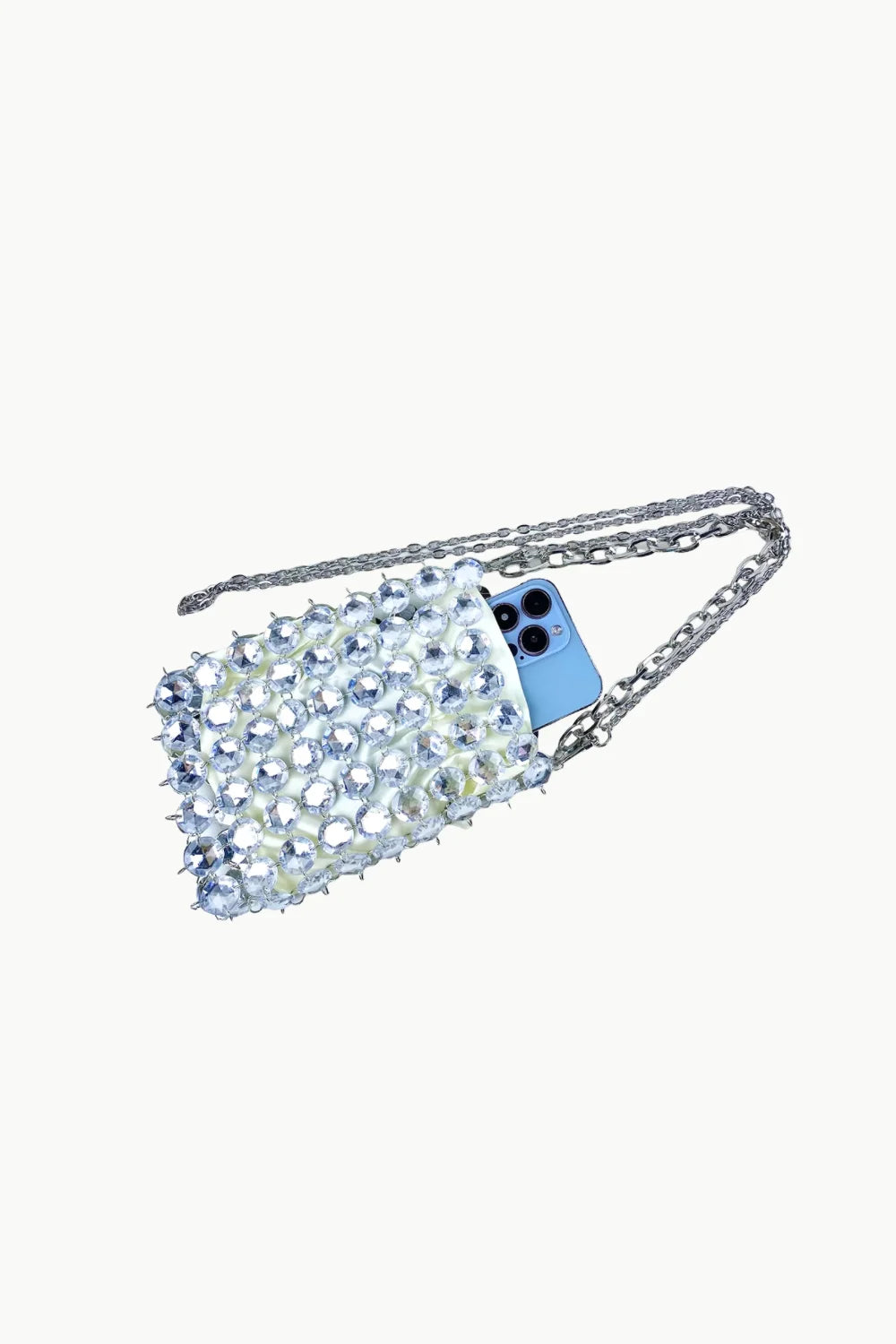 Beaded Crystal Bag with silver chain strap holding a light blue smartphone