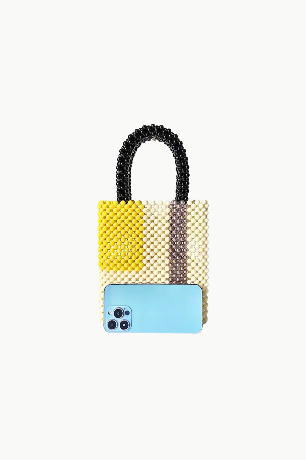 Colorful beaded designer bag with striped pattern and black handle for stylish look