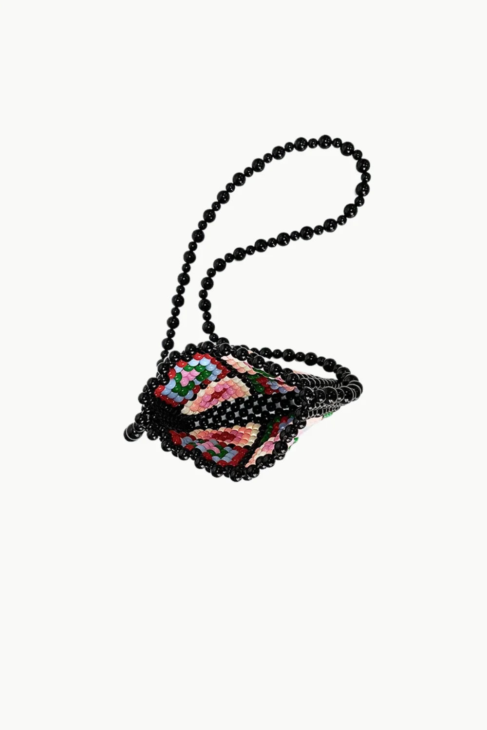 Black beaded floral mini bag with embroidered pattern, perfect for stylish outings