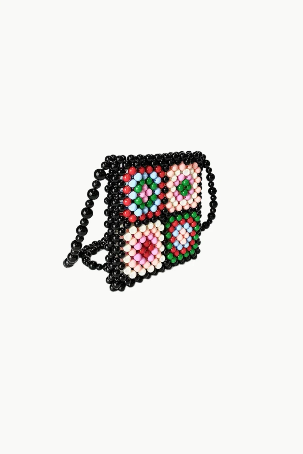 Black beaded floral mini bag with four colorful floral-patterned squares for stylish accessory
