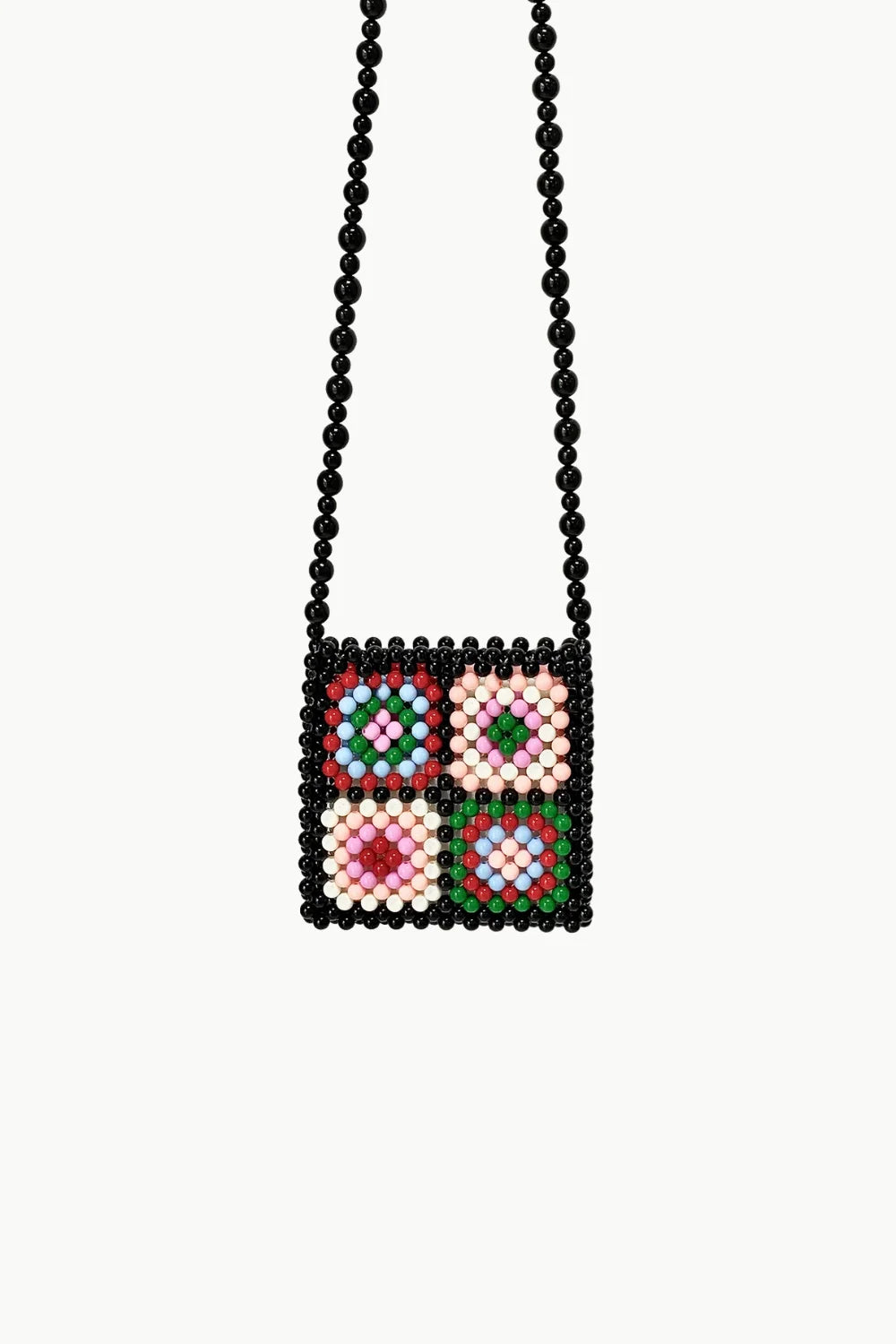 Beaded floral mini bag with shoulder strap featuring floral square pattern for stylish look