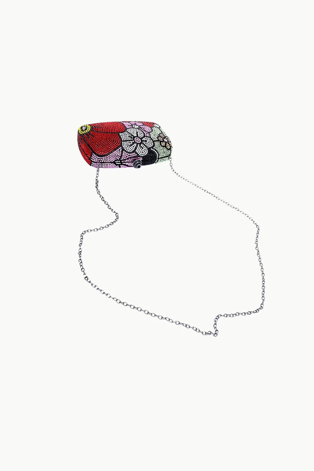 Beaded Flower Clutch with floral pattern and silver chain for elegant evening wear