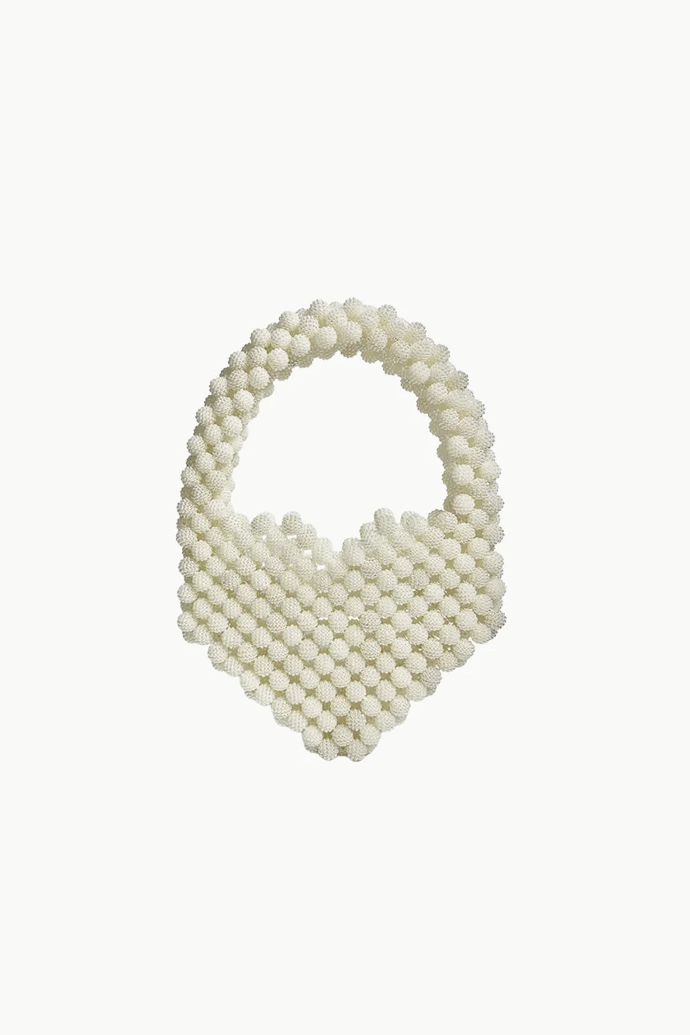 White beaded heart purse with arched handle and pointed base for elegant style