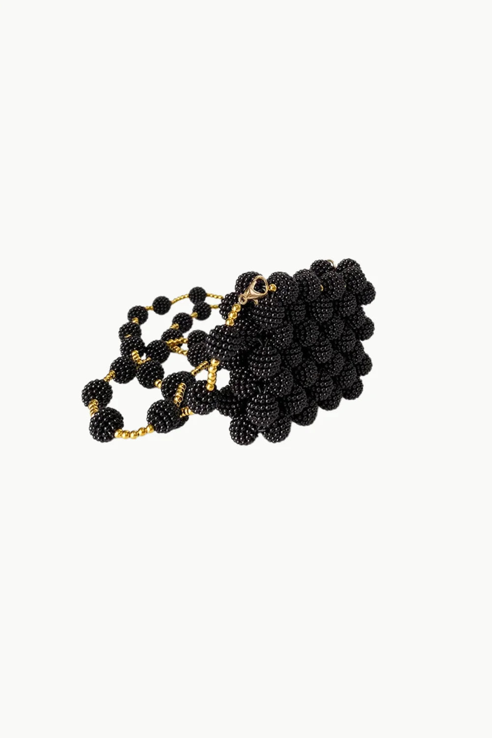 Black beaded knoted mini bag with gold chain strap for stylish evening out