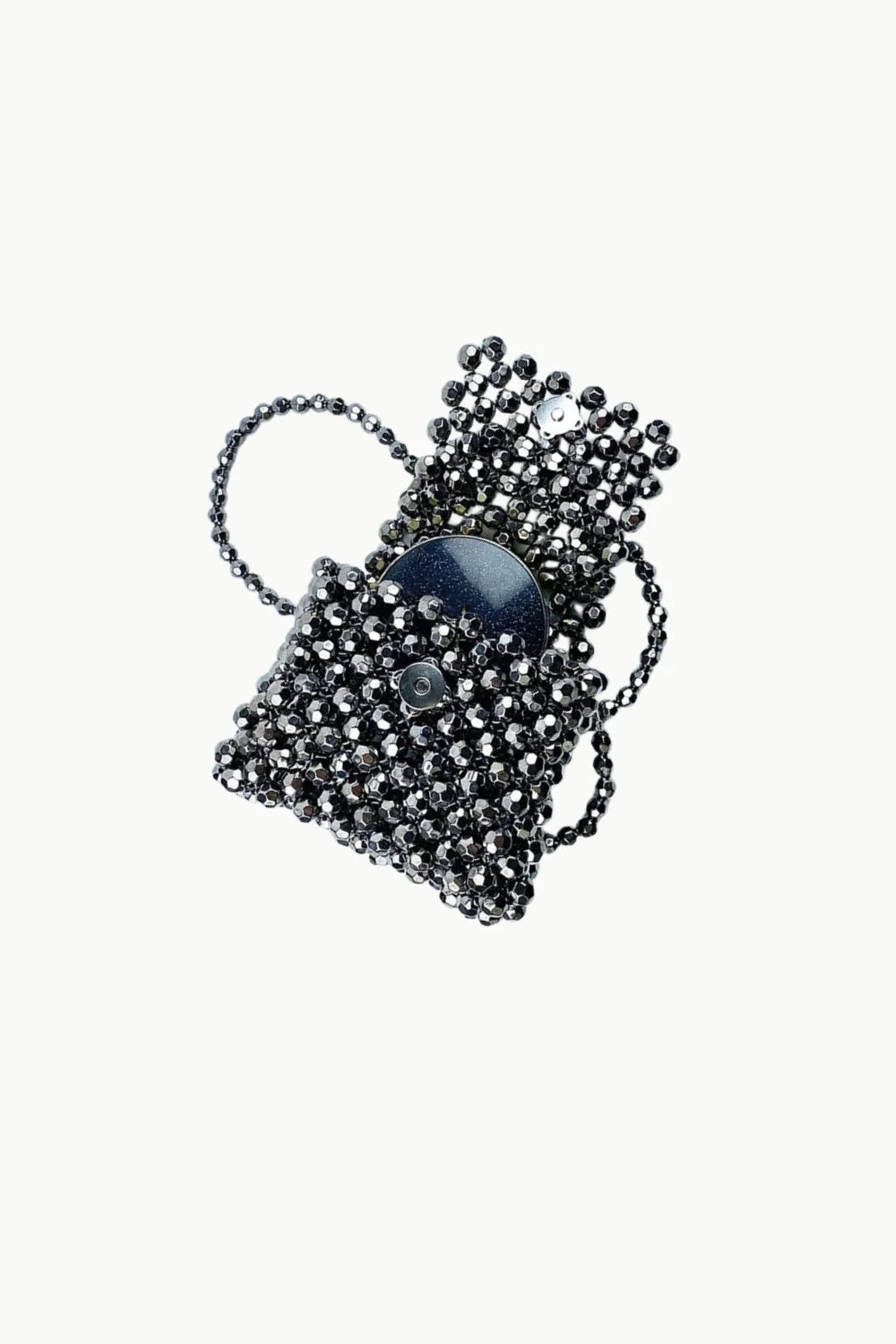 Black beaded mini hand bag with magnetic snap closure and short beaded handle