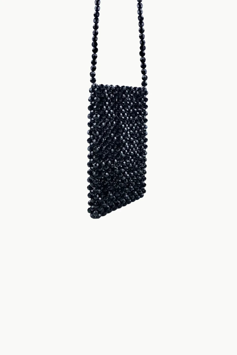 Black beaded mini shoulder bag with rectangular shape and diagonal bottom edge