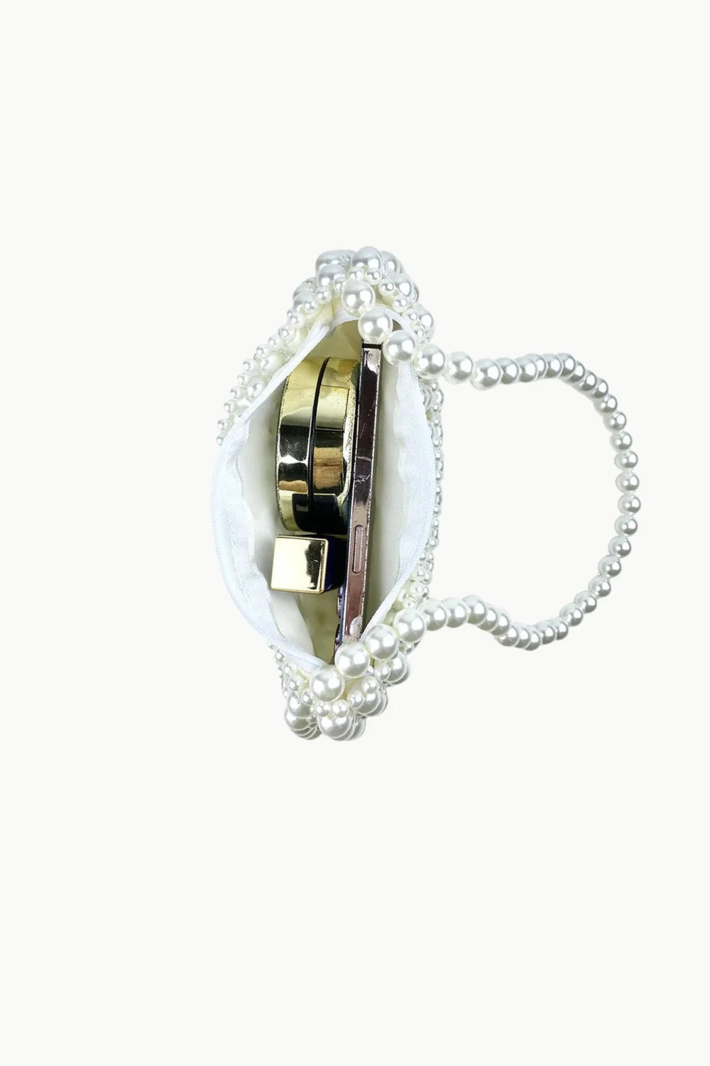 Beaded Pearl Purse with pearlescent beads, golden clasp, and smartphone accessory