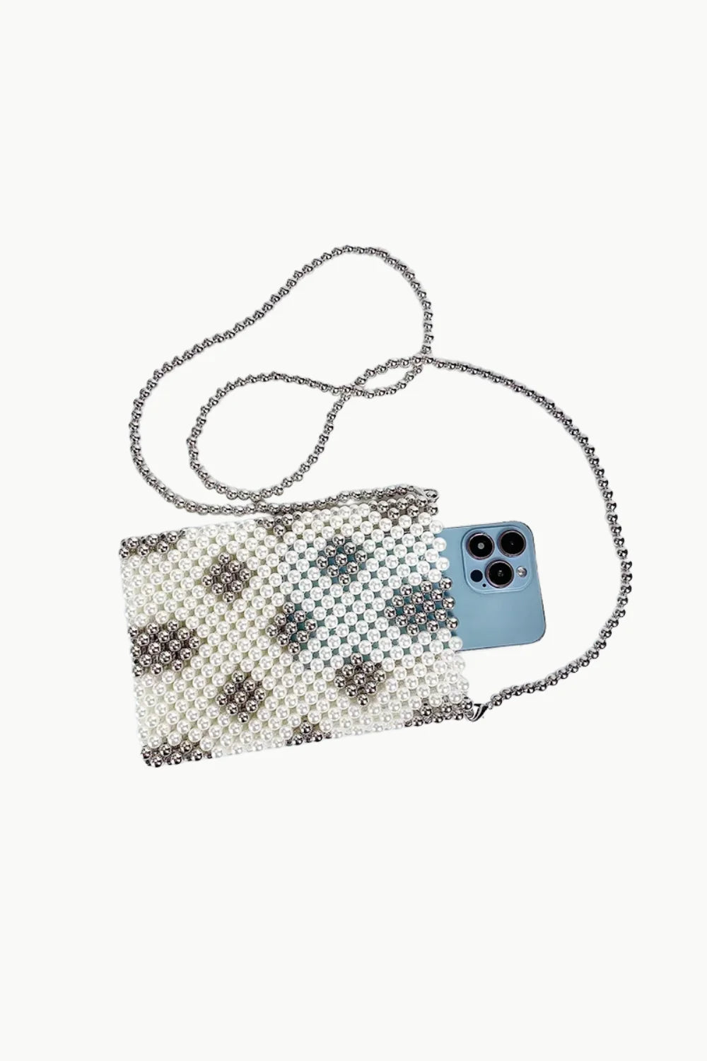 Beaded Phone Bag with patterned design and long chain strap for stylish phone storage
