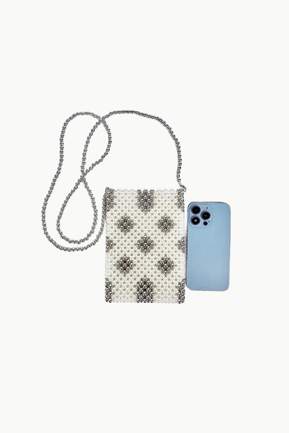 White and gray beaded phone bag with long chain strap, stylish beaded phone bag accessory