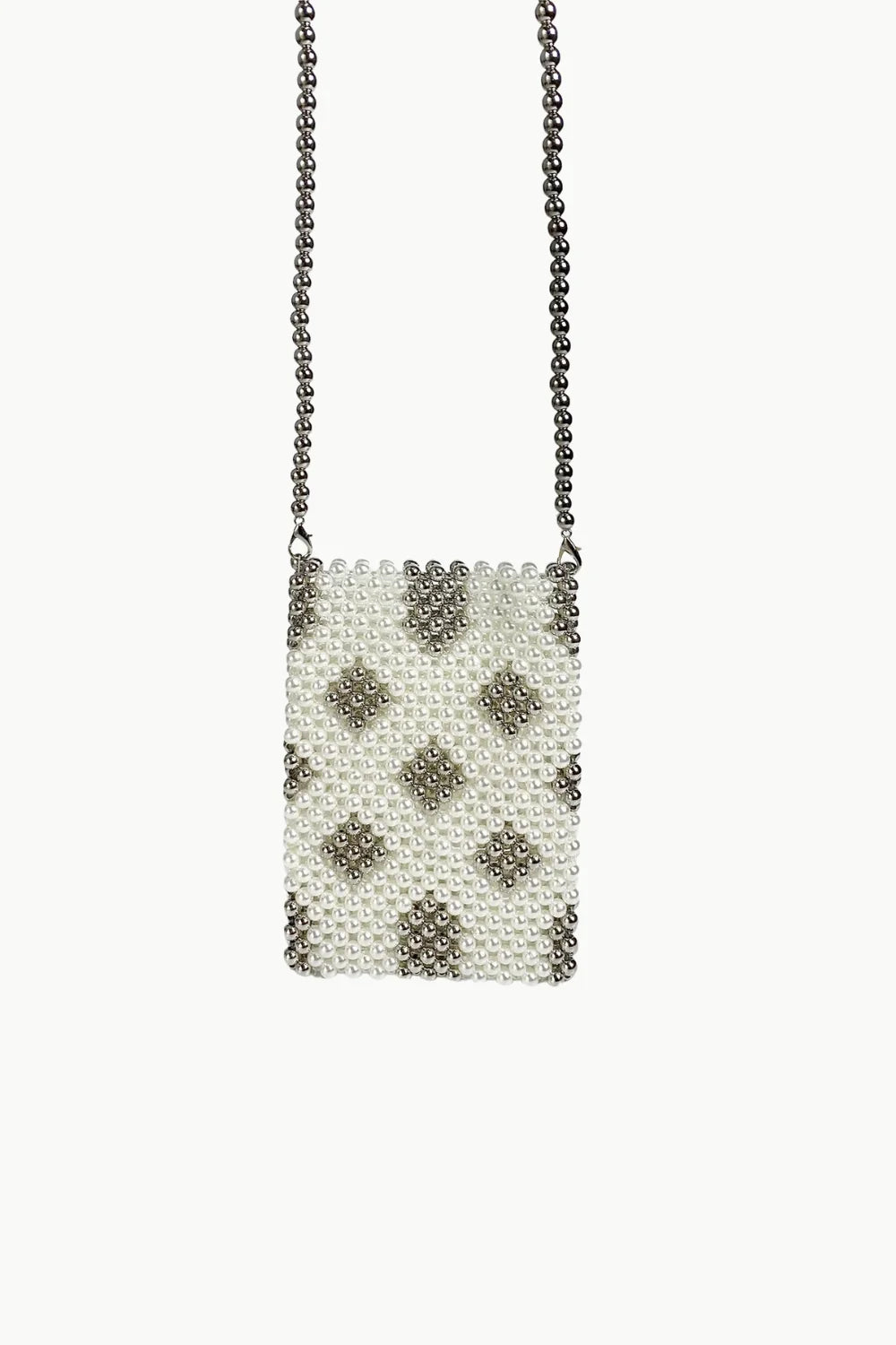 White and silver beaded phone bag with diamond pattern, stylish beaded phone bag accessory