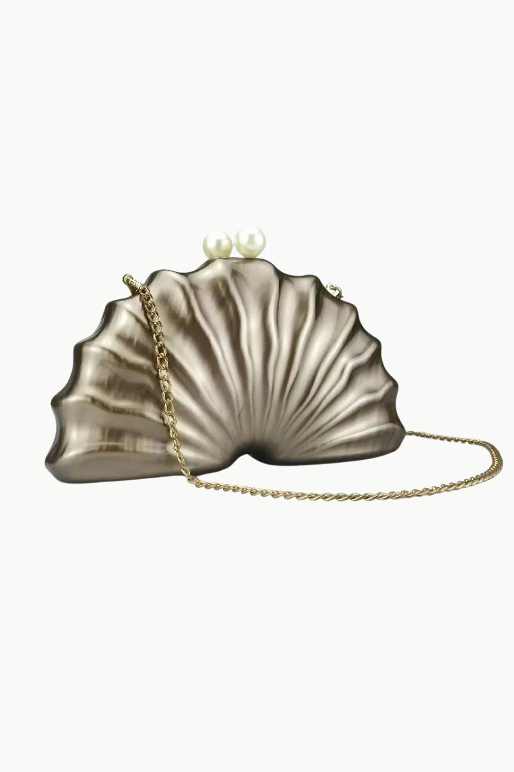 Beaded Shell Bag with metallic scallop shell design, gold chain strap, and pearl clasp