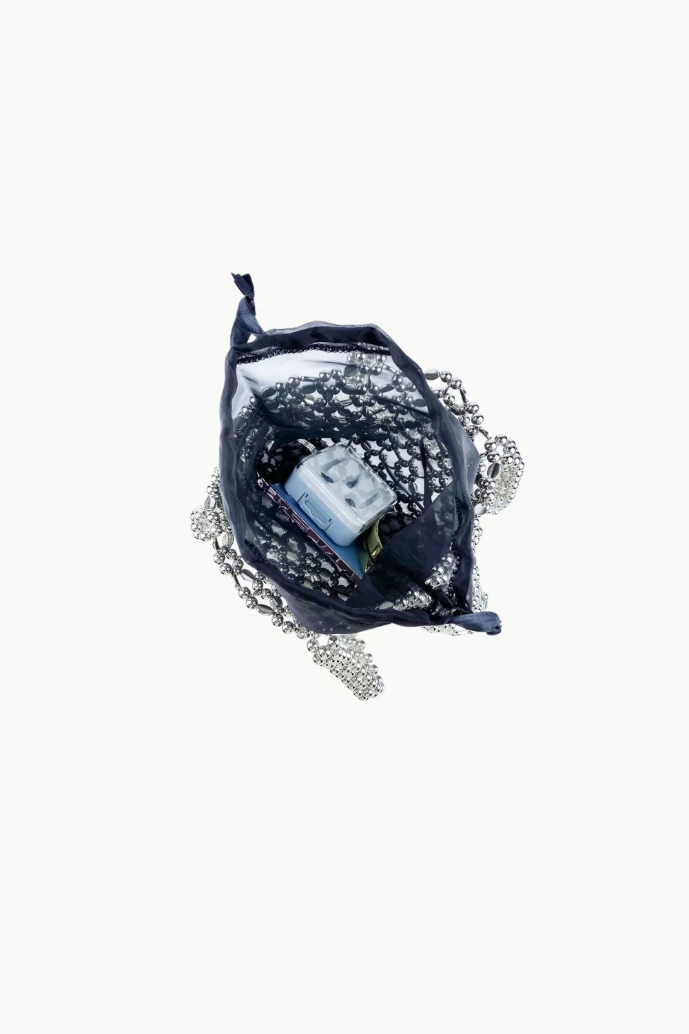 Black mesh beaded shoulder purse with metallic chain strap and contents inside