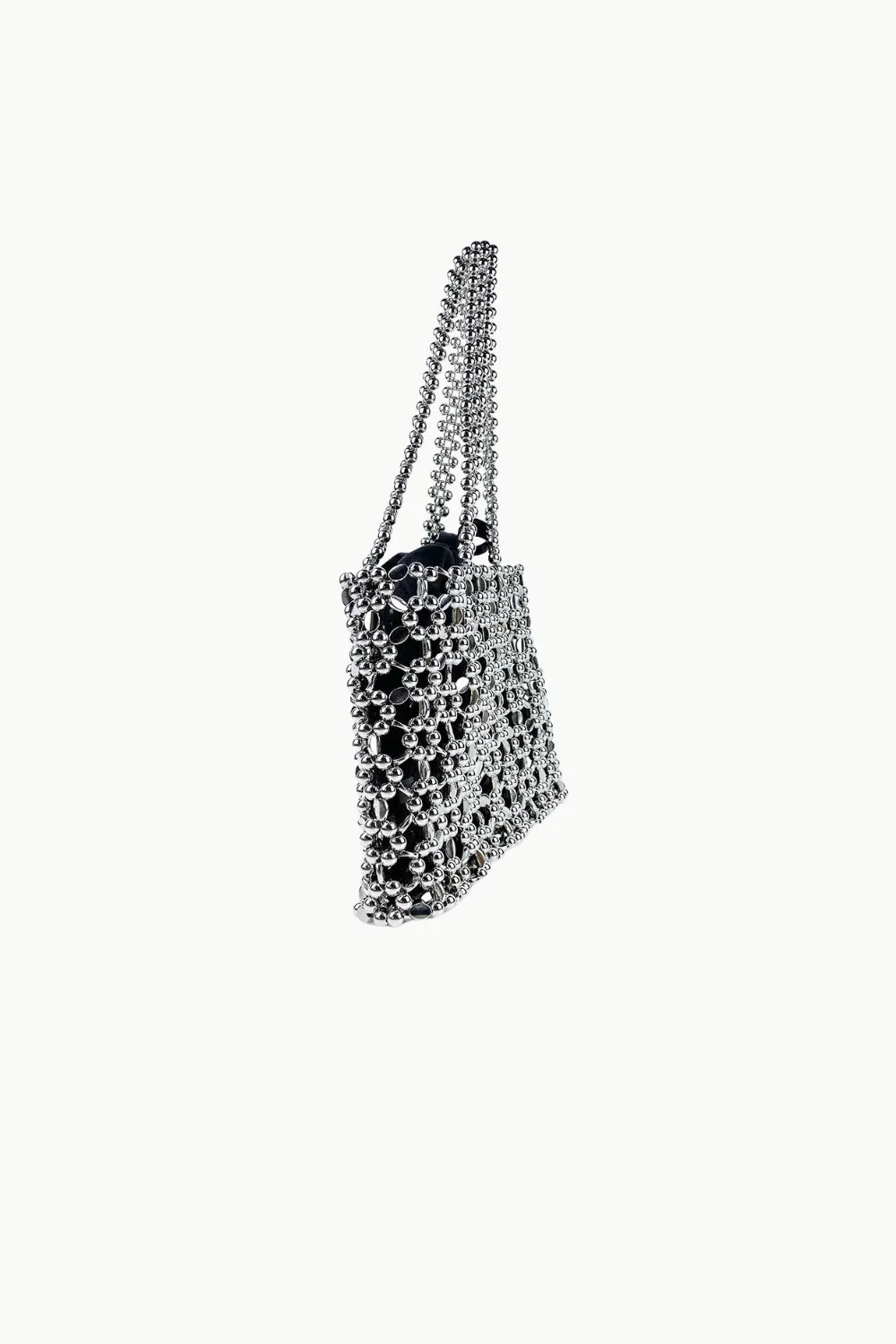 Silver metal mesh tote bag with chain handles, perfect for a beaded shoulder purse look