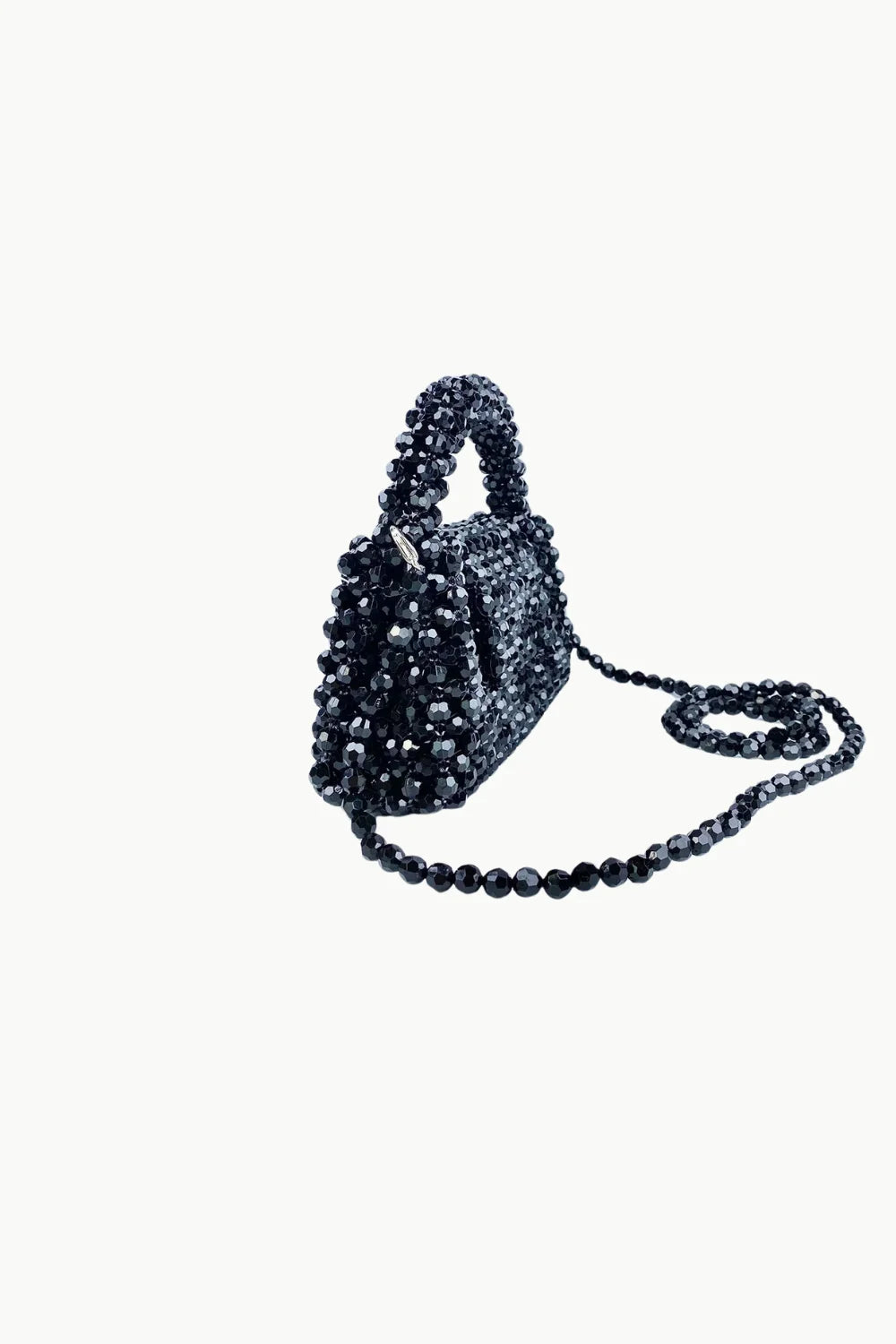 Black beaded summer purse with top handle and shoulder strap for stylish summer looks